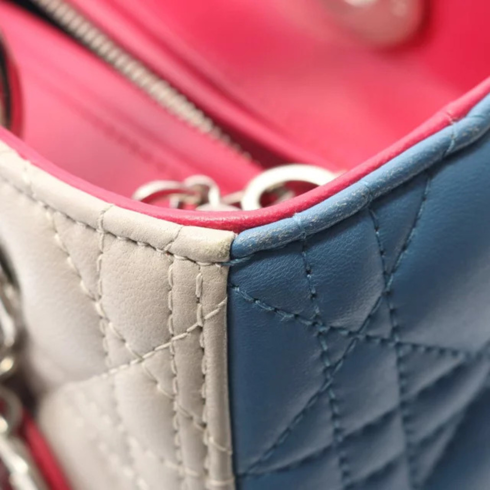 Dior LADY Beige Leather Handbag Cannage Pink Blue - Picture 5 of 8